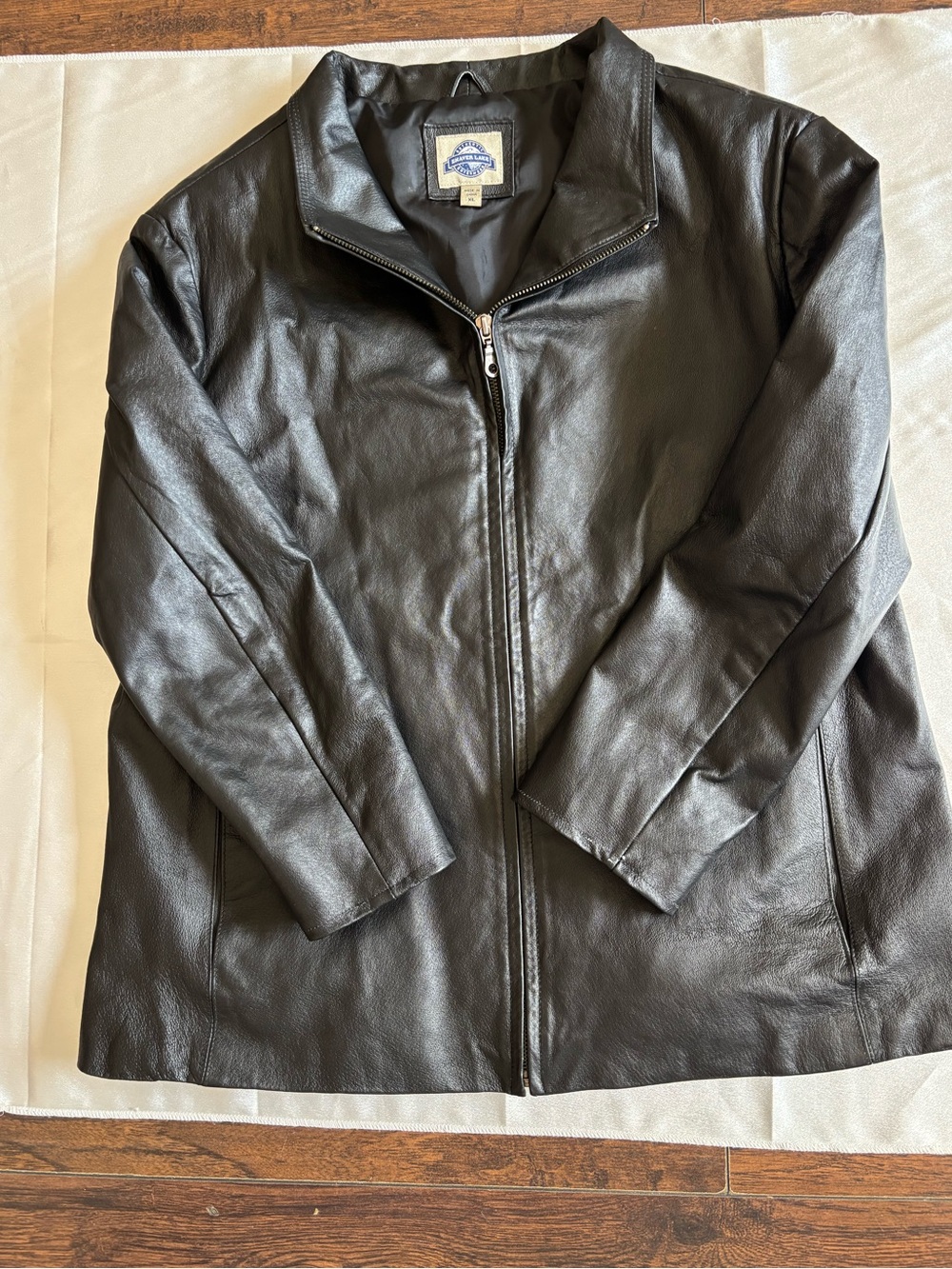 Women's Black Leather Zip-Front Jacket by shaver lake size XL